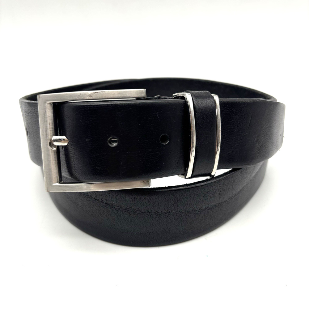 BATA Black Genuine Leather Polished Silver-tone Buckle Dress Belt M 38-42" Italy